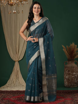 Akhilam - Linen Teal Woven Saree With Unstitched Blouse