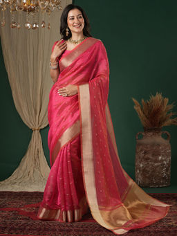 Akhilam - Linen Pink Woven Saree With Unstitched Blouse