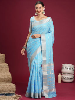 Akhilam - Linen Light Blue Woven Saree With Unstitched Blouse