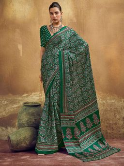 Akhilam - Satin Teal green Printed Saree With Unstitched Blouse