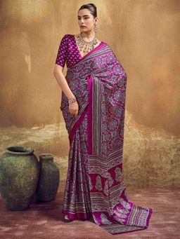 Akhilam - Satin Magenta Printed Saree With Unstitched Blouse