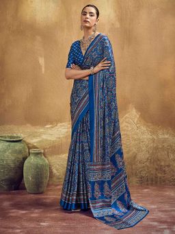 Akhilam - Satin Blue Printed Saree With Unstitched Blouse