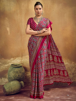 Akhilam - Satin Maroon Printed Saree With Unstitched Blouse