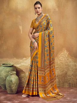 Akhilam - Satin Mustard Printed Saree With Unstitched Blouse