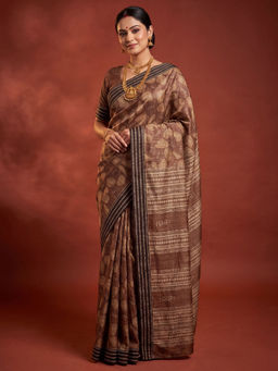 Akhilam - Silk Blend Light Brown Printed Saree With Unstitched Blouse