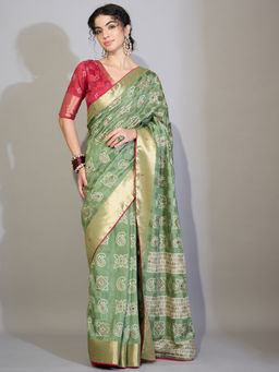 Akhilam - Silk Cotton Light Green Printed Saree With Unstitched Blouse