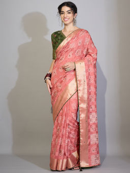 Akhilam - Silk Cotton Peach Printed Saree With Unstitched Blouse