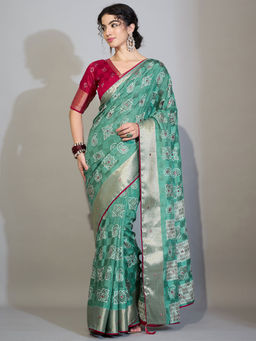 Akhilam - Silk Cotton Sea Green Printed Saree With Unstitched Blouse