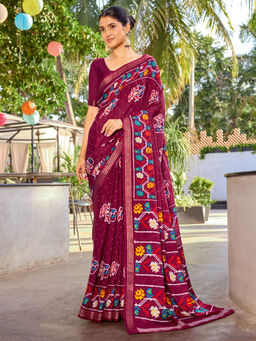 Akhilam - Tussar Silk Burgundy Printed Saree With Unstitched Blouse