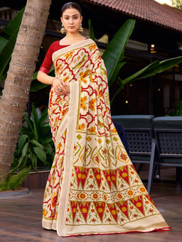 Akhilam - Tussar Silk Beige Printed Saree With Unstitched Blouse