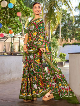 Akhilam - Tussar Silk Olive Printed Saree With Unstitched Blouse