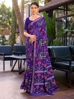 Akhilam - Tussar Silk Purple Printed Saree With Unstitched Blouse