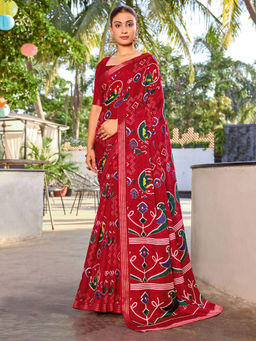 Akhilam - Tussar Silk Maroon Printed Saree With Unstitched Blouse