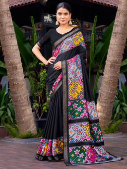 Akhilam - Tussar Silk Black Printed Saree With Unstitched Blouse