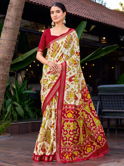 Akhilam - Tussar Silk Beige Printed Saree With Unstitched Blouse