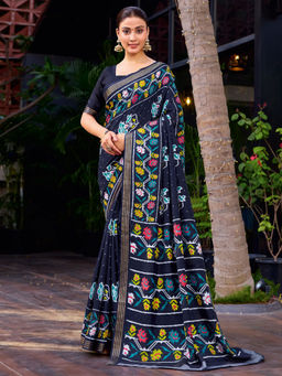Akhilam - Tussar Silk Navy Blue Printed Saree With Unstitched Blouse