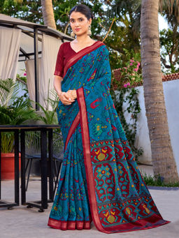 Akhilam - Tussar Silk Teal Printed Saree With Unstitched Blouse