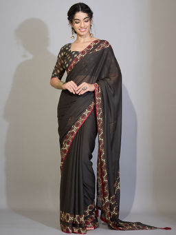 Akhilam - Poly Georgette Black Printed Saree With Unstitched Blouse