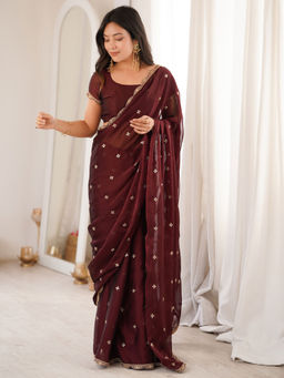 Akhilam - Pure Georgette Brown Embellished Saree With Unstitched Blouse