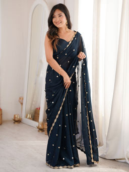 Akhilam - Pure Georgette Navy Blue Embellished Saree With Unstitched Blouse