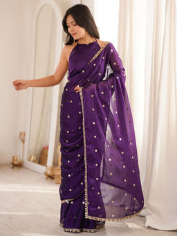 Akhilam - Pure Georgette Purple Embellished Saree With Unstitched Blouse