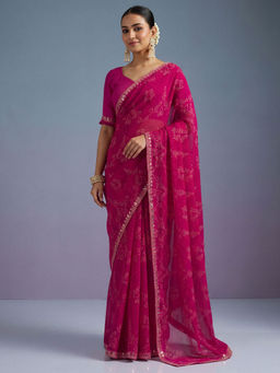 Akhilam - Georgette Pink Printed Designer Saree With Unstitched Blouse