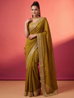 Akhilam - Pure Georgette Olive Embellished Saree With Unstitched Blouse