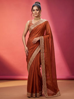Akhilam - Pure Georgette Rust Embellished Saree With Unstitched Blouse
