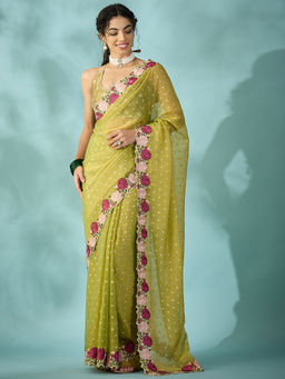 Akhilam - Tissue Olive Embroidered Saree With Unstitched Blouse