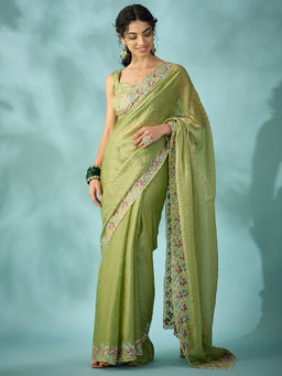 Akhilam - Satin Light Green Stone Saree With Unstitched Blouse