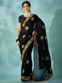 Akhilam - Satin Black Zari Embroidered Saree With Unstitched Blouse