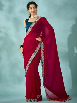 Akhilam - Satin Pink Embroidered Saree With Unstitched Blouse