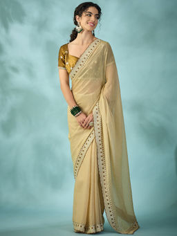 Akhilam - Satin Beige Stone Saree With Unstitched Blouse