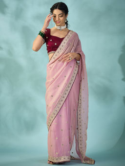 Akhilam - Satin Pink Embroidered Saree With Unstitched Blouse
