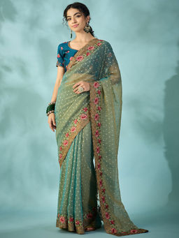 Akhilam - Tissue Aqua Embroidered Saree With Unstitched Blouse