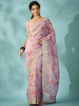 Akhilam - Tissue Pink Saree With Unstitched Blouse