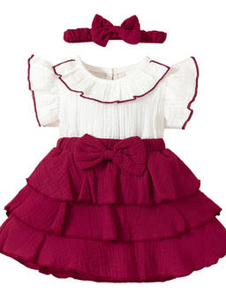 Hopscotch - Girls Maroon Ruffled Casual Dress With Headband