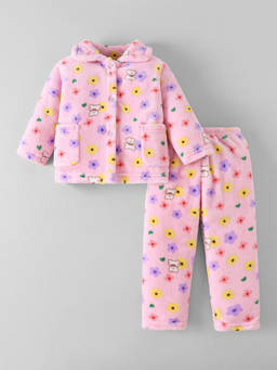 Hopscotch - Floral Textured Collared T-Shirt And Pajama