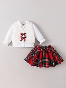 Hopscotch - Bow Applique Plaid Skirt Set