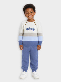 Mi Arcus - Cotton Full Sleeves Colorblock Sweater With Joggers- Blue