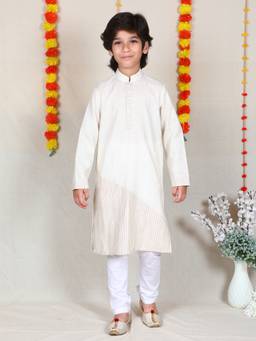 Little Clothings - Boys Ivory Linen Blend Kurta With Churidar