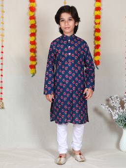 Little Clothings - Boys Navy Blue Floral Print Cotton Kurta With Churidar