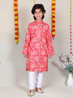 Little Clothings - Boys Coral Pink Floral Print Cotton Kurta With Churidar