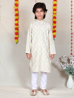 Little Clothings - Boys Beige Embroidered Linen Kurta With Churidar