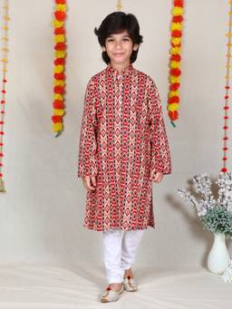 Little Clothings - Boys Maroon Ekat Print Cotton Kurta With Churidar