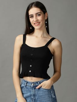 SHOWOFFFF - Womens Shoulder Neck Fitted Solid Black Crop Top