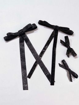 Hair Drama Co. - Black Satin Ribbon Crystal & Glitter Hair Bows - Set of 4