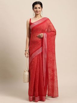 Odette - Womens Cotton Blend Red Printed Saree with Unstitched Blouse