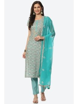 Biba - Blue & Beige Silk Printed Embroidered Unstitched Suit (Set of 3)