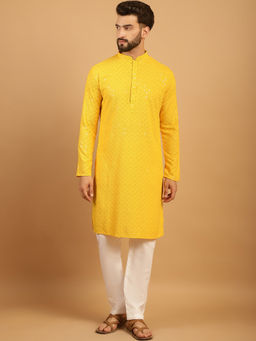 Treemoda - Yellow Chikankari Embroidered Kurta with Aligarh Pyjama (Set of 2)
